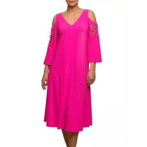 Lily Lane Dress Womens Size M Hot Pink Cold Shoulder Midi Woven Detail Vibrant